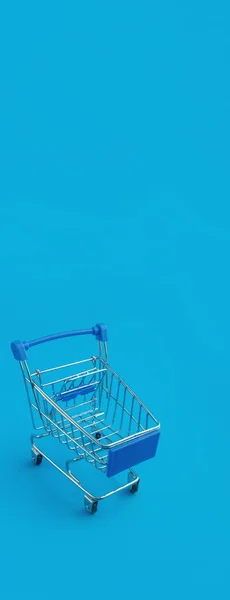 Carrito Supermercado Sobre Fondo Panorámico Azul —  Fotos de Stock