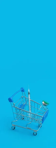 Тележка Супермаркета Шприцами Ампулами Фоне Синей Панорамы — стоковое фото