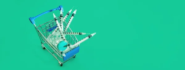 Supermarket Trolley Syringes Ampoule Green Panorama Background — Φωτογραφία Αρχείου