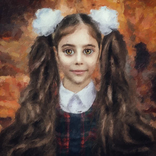 Dziewczyna Kokardami Malowane Oleju Płótnie — Zdjęcie stockowe