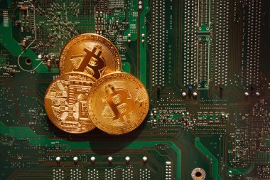 Bir bilgisayar mikro devresinin arkaplanındaki bozuk paralar