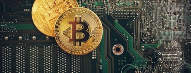 Bir bilgisayar mikro devresinin arka planında panoramik bit sikkeleri