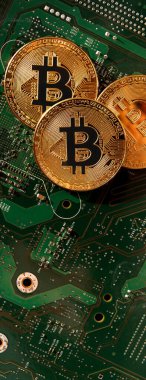 Bir bilgisayar mikro devresinin arka planında panoramik bit sikkeleri