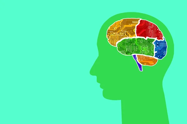 Kepala Dengan Multi Colored Otak Chip Pada Latar Belakang Berwarna — Stok Foto