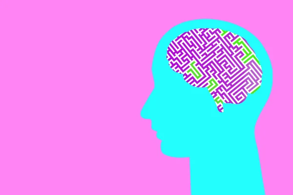 五颜六色的头 背景是彩色的 大脑中有迷宫 — 图库照片