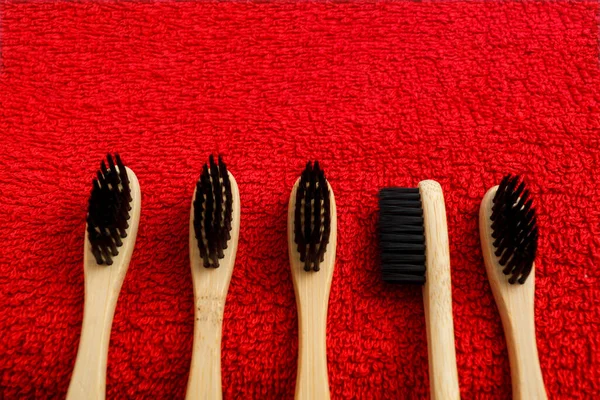 Toothbrush Red Yellow Towel Blue Background — Stock Photo, Image