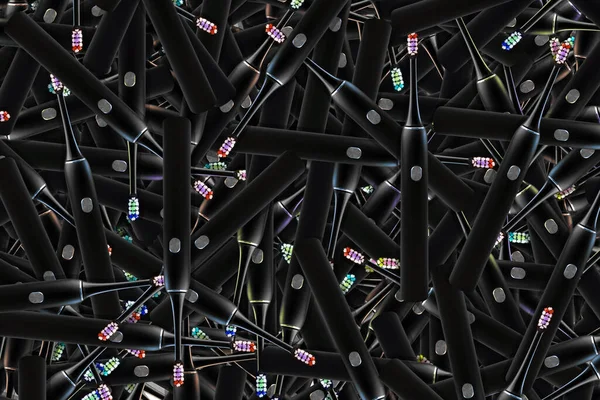 Texture of a black electric toothbrush with multi-colored bristles