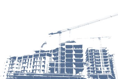 İnşaat halindeki çok katlı bir binanın mavi baskısı ve beyaz arka planda bir inşaat vinci.