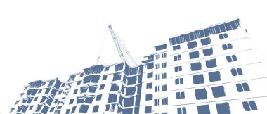 İnşaat halindeki çok katlı bir binanın mavi baskısı ve beyaz arka planda bir inşaat vinci.