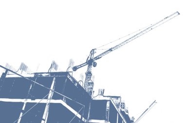 İnşaat halindeki çok katlı bir binanın mavi baskısı ve beyaz arka planda bir inşaat vinci.