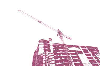 Yapım aşamasındaki çok katlı bir binanın kırmızı baskısı ve beyaz arka planda bir inşaat vinci.