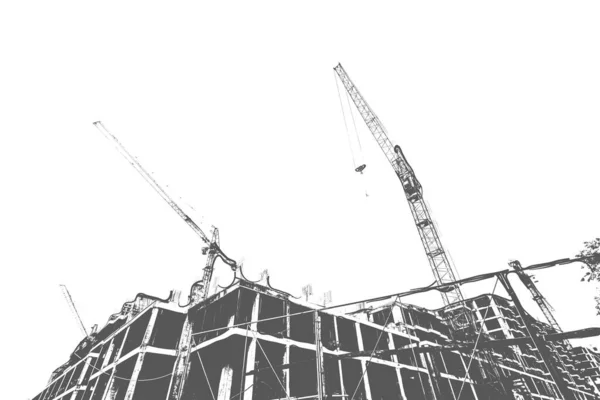 白を基調とした建築中の複数階建ての住宅建築物と建設クレーンの黒と白のプリント — ストック写真