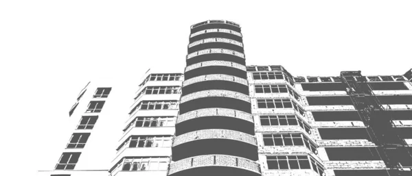 Black and white print of a multi-storey residential building under construction and a construction crane on a white background