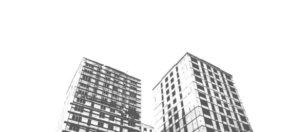 建造中的多层住宅大楼和白色背景的建筑用起重机的黑白打印 — 图库照片