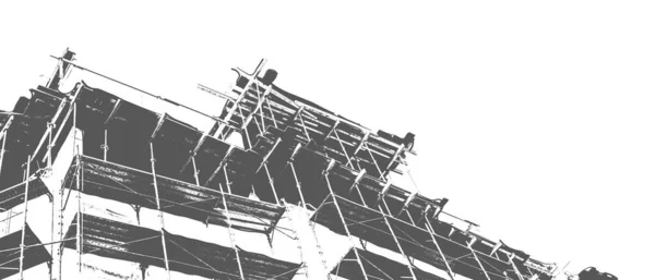 Černobílý Tisk Vícepodlažní Obytné Budovy Výstavbě Stavebního Jeřábu Bílém Pozadí — Stock fotografie