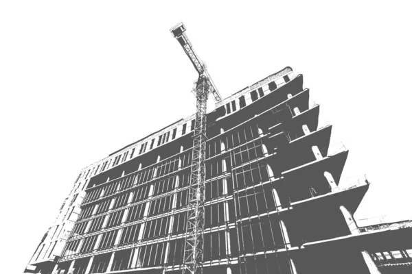 Impresión Blanco Negro Edificio Residencial Varios Pisos Construcción Una Grúa — Foto de Stock