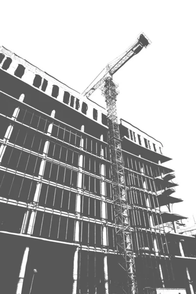 Impresión Blanco Negro Edificio Residencial Varios Pisos Construcción Una Grúa — Foto de Stock