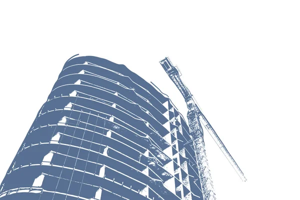 建造中的多层住宅大楼及白色背景的建筑起重机的蓝图 — 图库照片