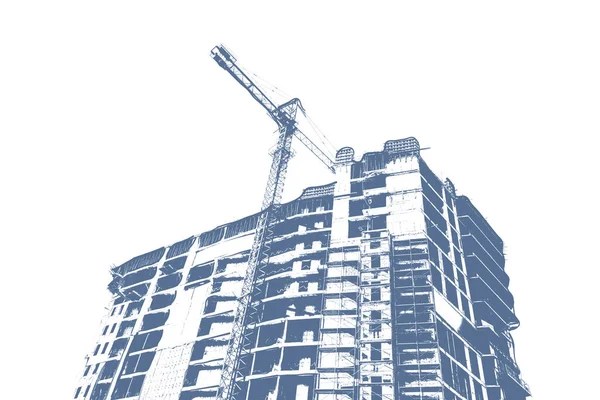 Blue Print Multi Storey Residential Building Construction Construction Crane White — Stock Photo, Image