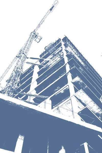 Modrý Tisk Vícepodlažní Obytné Budovy Výstavbě Stavebního Jeřábu Bílém Pozadí — Stock fotografie