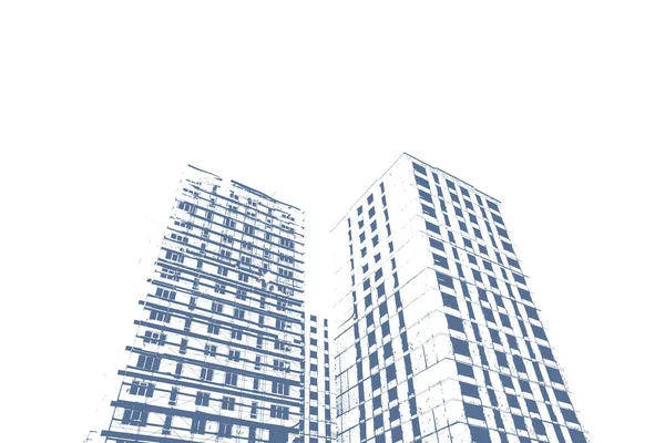 建造中的多层住宅大楼及白色背景的建筑起重机的蓝图 — 图库照片