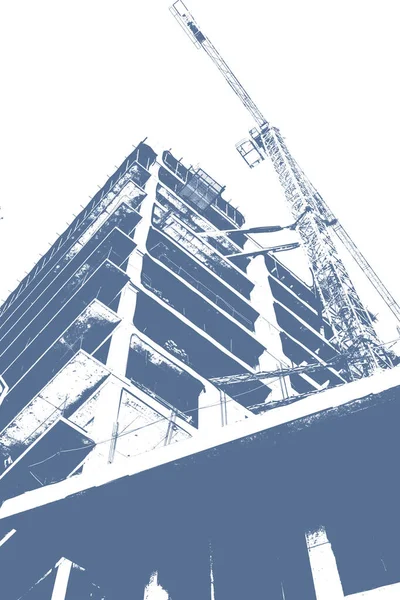 Blue Print Multi Storey Residential Building Construction Construction Crane White — Stock Photo, Image