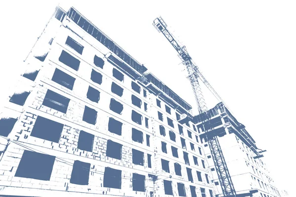 建設中の複数階建ての住宅建築物と白い背景の建設クレーンの青い印刷物 — ストック写真