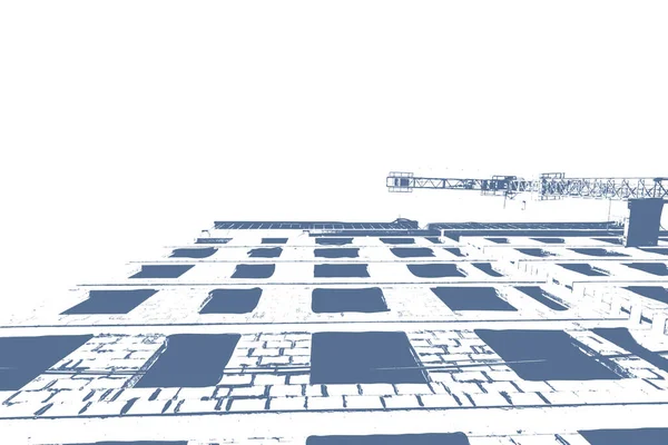 Niebieski Nadruk Wielopiętrowego Budynku Mieszkalnego Budowie Żurawia Budowlanego Białym Tle — Zdjęcie stockowe