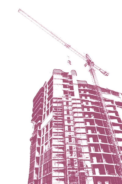 Červený Tisk Vícepodlažní Obytné Budovy Výstavbě Stavebního Jeřábu Bílém Pozadí — Stock fotografie
