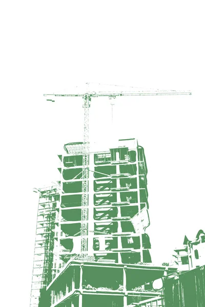 Green Print Multi Storey Residential Building Construction Construction Crane White — Stock Photo, Image