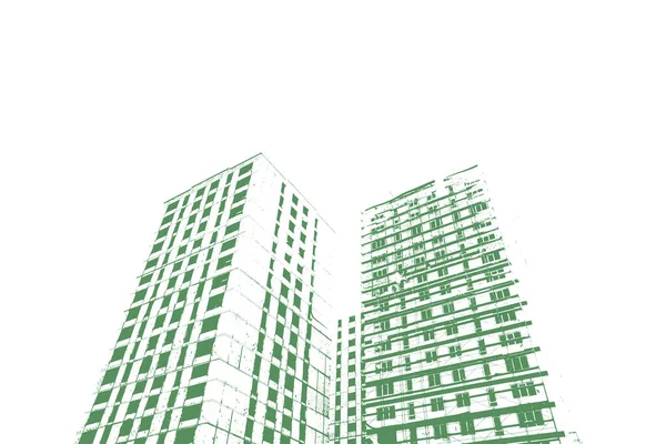 Nşaat Halindeki Çok Katlı Bir Binanın Yeşil Izi Beyaz Arka — Stok fotoğraf