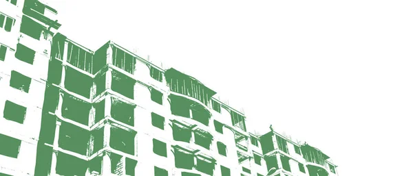 建造中的多层住宅大厦及白色背景的建筑起重机的绿色蓝图 — 图库照片