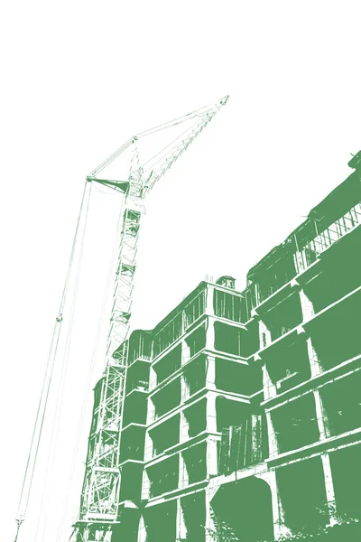 Zelený Tisk Vícepodlažní Obytné Budovy Výstavbě Stavebního Jeřábu Bílém Pozadí — Stock fotografie