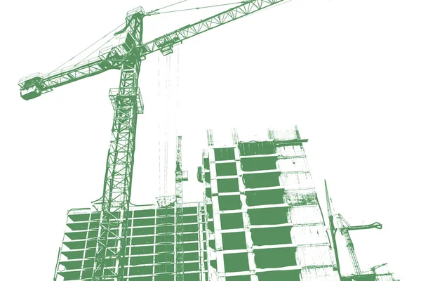 建造中的多层住宅大厦及白色背景的建筑起重机的绿色蓝图 — 图库照片