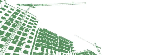 İnşaat halindeki çok katlı bir binanın yeşil izi ve beyaz arka planda bir inşaat vinci.