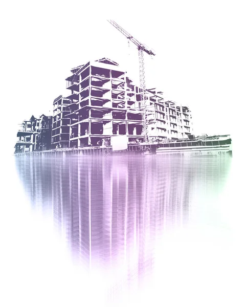 建造中的多层住宅大楼和白色背景的建筑用起重机的彩色照片 — 图库照片