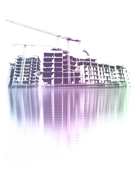 建造中的多层住宅大楼和白色背景的建筑用起重机的彩色照片 — 图库照片