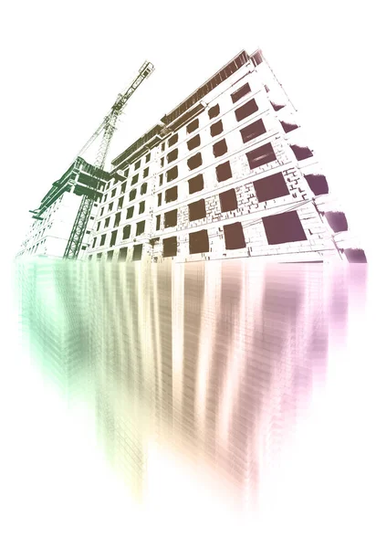 Wielokolorowy Nadruk Wielopiętrowego Budynku Mieszkalnego Budowie Żurawia Budowlanego Białym Tle — Zdjęcie stockowe