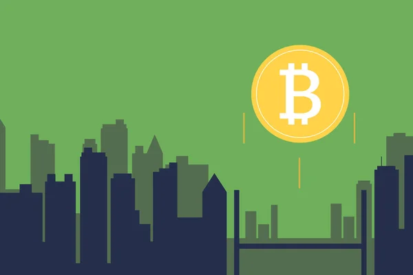 Bitcoin Lecący Górę Tle Miasta Ilustracja — Zdjęcie stockowe