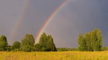 Bir yaz günü gökkuşağı manzarasının geniş bir manzarası.