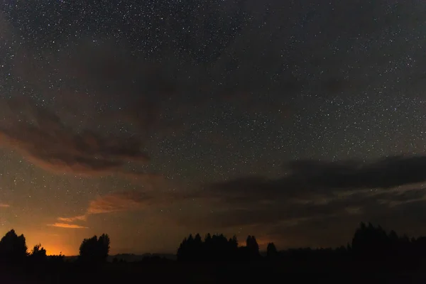 Céu Estrelado Sobre Floresta Sobre Campos Florestas Noite Verão Longe — Fotografia de Stock
