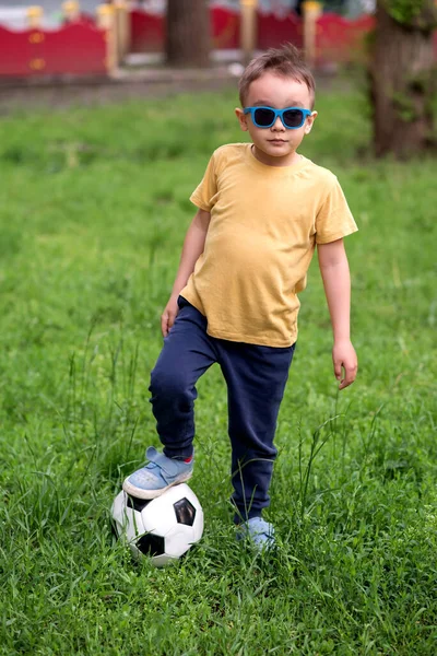 Portrait Cool Toddler Child Sunglasses Standing Grass Field Stepping One — ストック写真