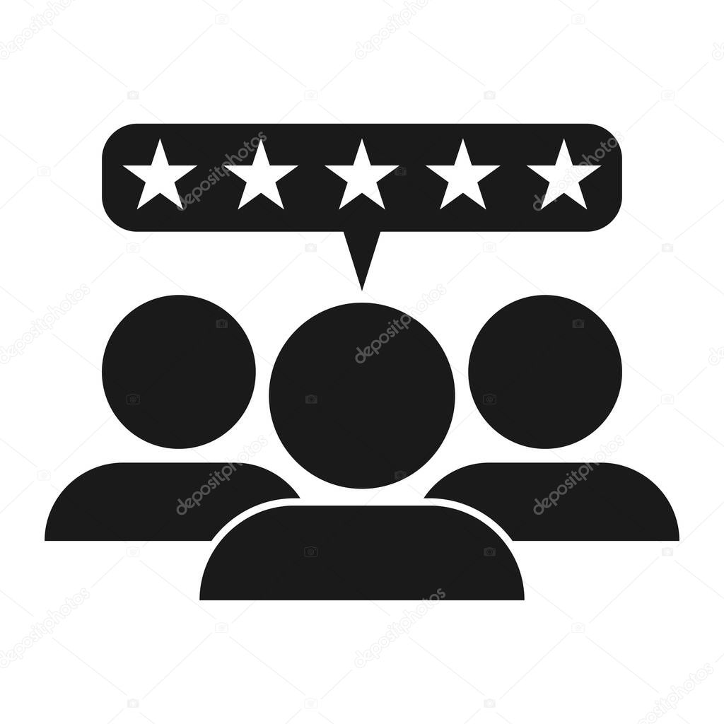 Five star review icon. Customers satisfaction rating. Black isolated vector illustration on white background.