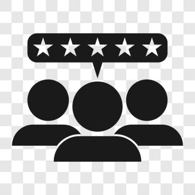 Beş yıldızlı eleştiri simgesi. Üç memnun müşteri grubu. Şeffaf arkaplan vektör illüstrasyonunda siyah sembol.