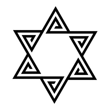 Davut 'un Yıldızı ikonu. İsrail Yahudi sembolü kabile tarzında. Siyah vektör çizimi beyaz arkaplanda izole edildi. 