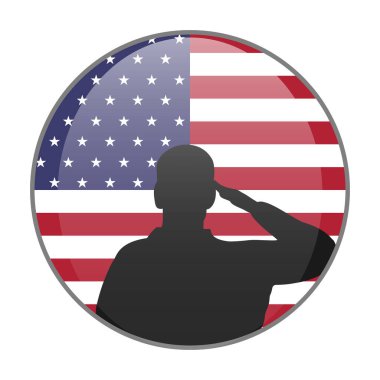Amerikan bayrağının yuvarlak simgesinde silueti selamlıyorum. Gaziler Günü ya da Anma Günü gururlu vatansever konsepti. Vektör illüstrasyonu.