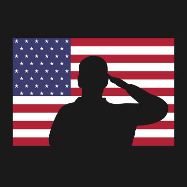 Amerikan bayrağı ikonunda silueti selamlıyorum. Gaziler Günü ya da Anma Günü gururlu vatansever konsepti. Vektör illüstrasyonu.