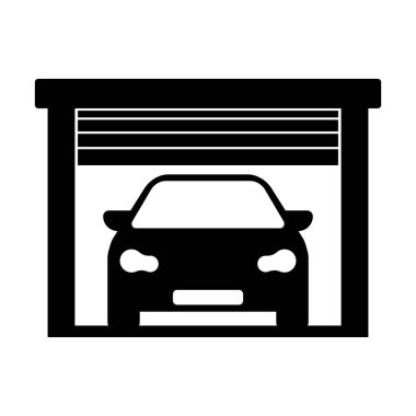 Garaj kapısı ve araç simgesi açık. Siyah ev parkı sembolü. Vektör illüstrasyonu.