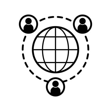 Dünya çapında küresel iletişim ikonu. Uluslararası teknoloji iş konsepti sembolü. Vektör illüstrasyonu.