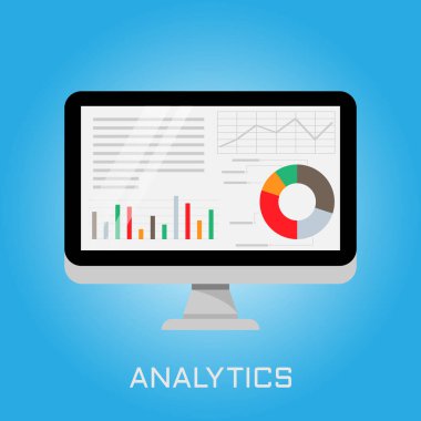 İş grafik verileri, analiz eğilimleri, mali strateji, istatistik ve bilgi tablosu simgeleriyle analitik dizüstü bilgisayar. Vektör illüstrasyonu.